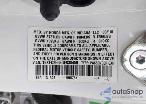 2016 Honda Civic Lx z USA, uszkodzony, nr VIN 19XFC2F58GE038450